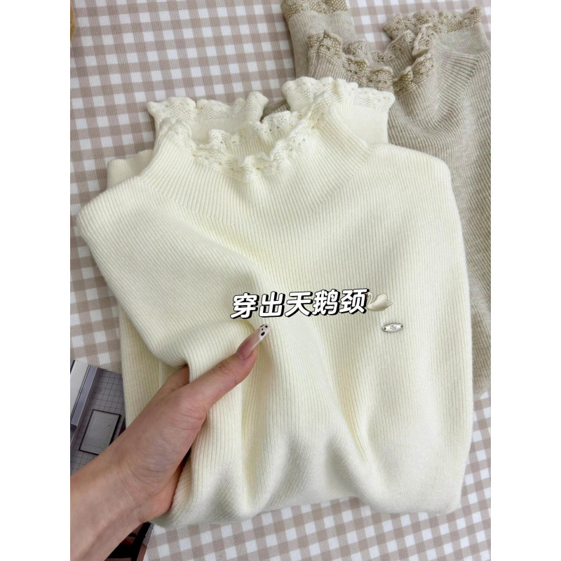 Kaning French Lace Half Turtleneck Fleece-Lined Knitted Bottoming Shirt Autumn and Winter New Soft and Waxy One-Piece Fleece Sweater Inner Wear