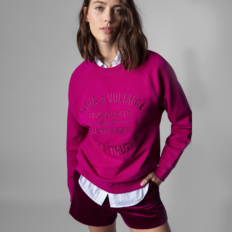 21 Autumn and Winter New Style French Niche Classic Letter Embroidered Logo Round Neck Cotton Light Purple Women's Sweatshirt Foto QC de 1688 na Qualit.ly
