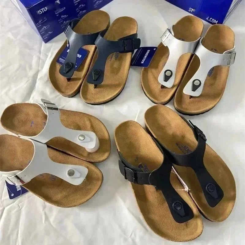 LX14 Fashion Flat Leather Cork Comfortable Outer Wear Sandals for Lazy People