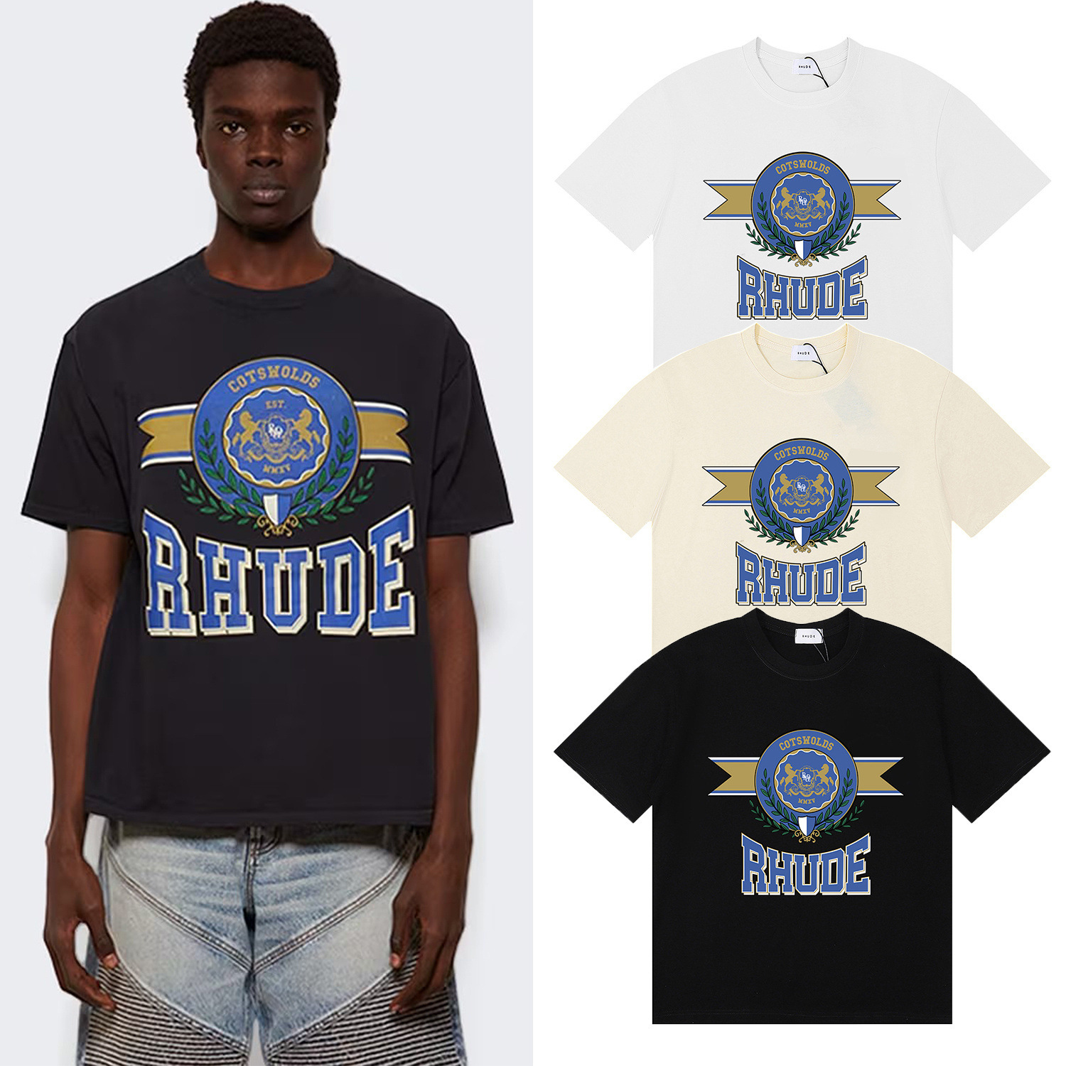 Trendy Rhude Crest-Print High-Quality Double Yarn Heavy Casual Short-Sleeve T-Shirt for Men and Women