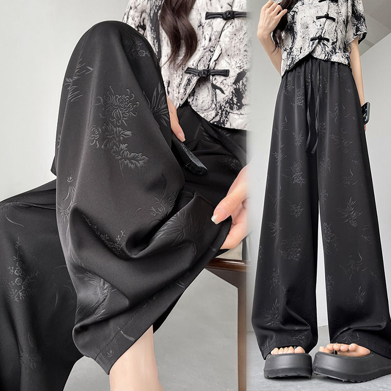 Chinese Style Satin Jacquard Chinese Printed Cool Wide Leg Pants Women's Summer New High Waist Slimming Casual Pants