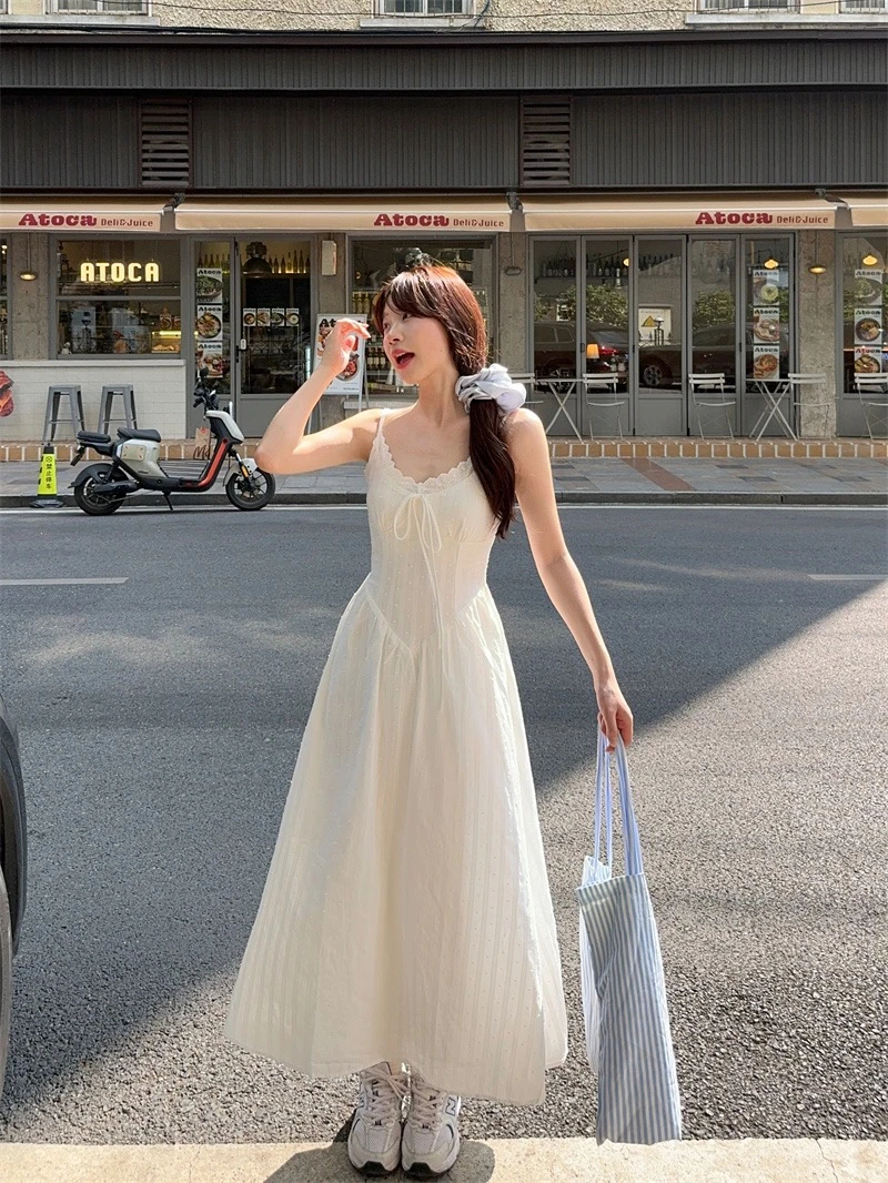 French-Style Elegant White Spaghetti Strap Dress for Women, 2026 New Model, Long Dress for Seaside Vacation, Early Summer Outfit Set