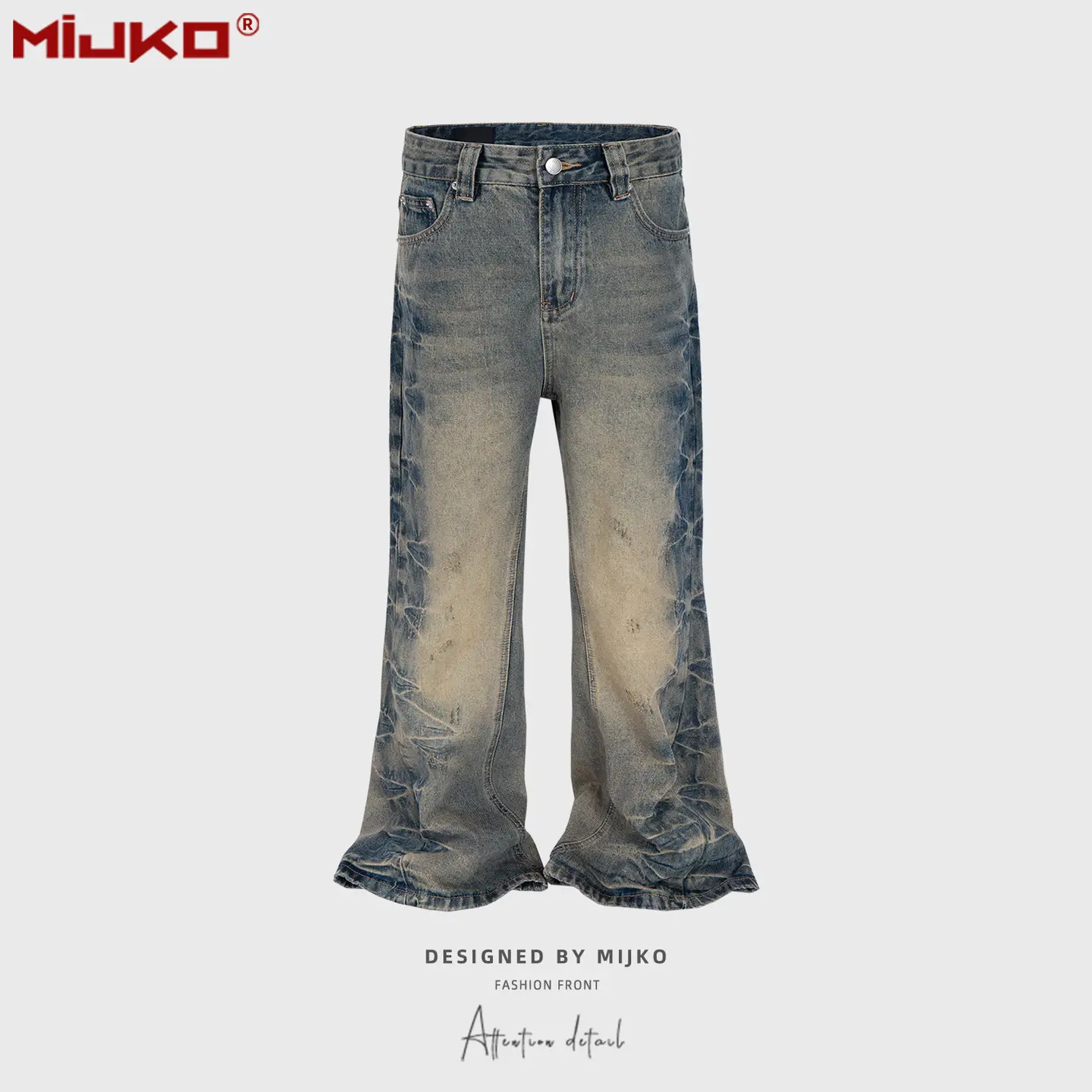 Mijko Men's and Women's Flared Wide-Leg Pants, Unisex, Washed with Distressed Texture Design, Multi-Size Blue Jeans