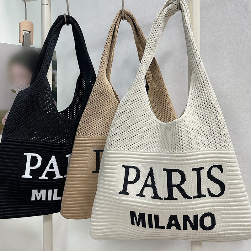 Single Shoulder Bag for Commuting 2026 Versatile Handbag Tote Bag Lettered White Versatile Knitted Large Capacity Casual Exquisite New Style
