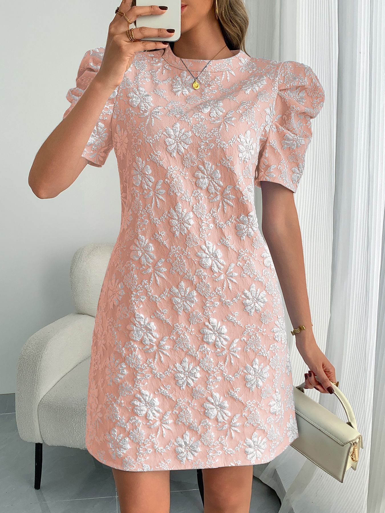 2025 European and American Cross-Border Summer New Women's Puff Sleeve Texture Jacquard Round Neck Retro Style Dress in Stock