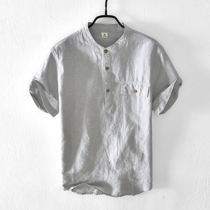 5216 Cotton Linen Men's Short-sleeved Shirt Youth Pullover Collar Casual Loose Shirt Comfortable Linen Retro Shirt for Summer