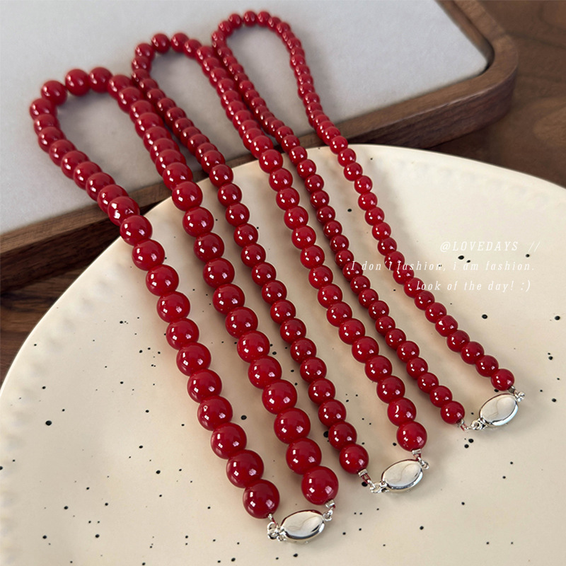 Ankora Red Round Glass Beads Beaded Necklace Vintage Chinese Style Yuanbao Buckle Lockbone Chain Simple All-match Necklace