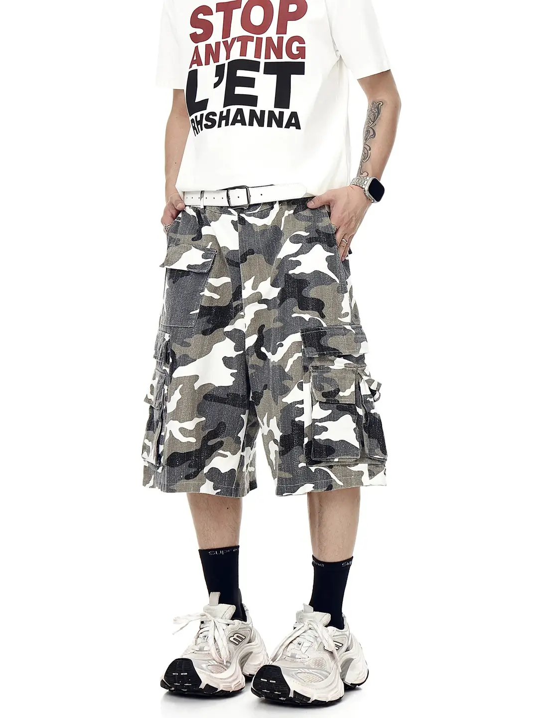 Blacklists American High Street Distressed Camouflage Multi-Flap Pocket Pants Turret Cargo Shorts Men's Trendy Brand Loose Five-Quarter Pants