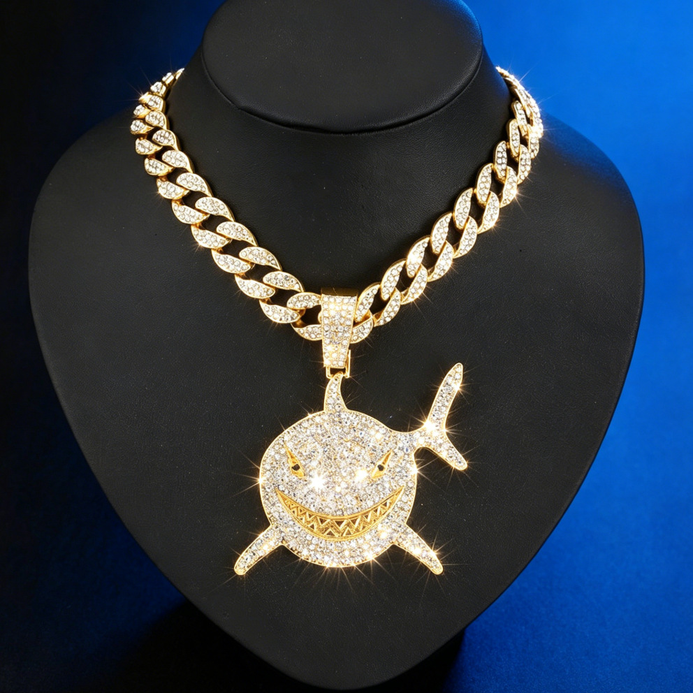 Hip-Hop Alloy Full Diamond Animal Inlaid with Rhinestones Shark Pendant Exaggerated European and American Cross-Border Alloy Cuban Chain Necklace Jewelry