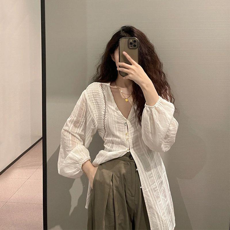 French style white shirt women's design sense niche summer sun protection thin coat long sleeve shirt mid-length outer top