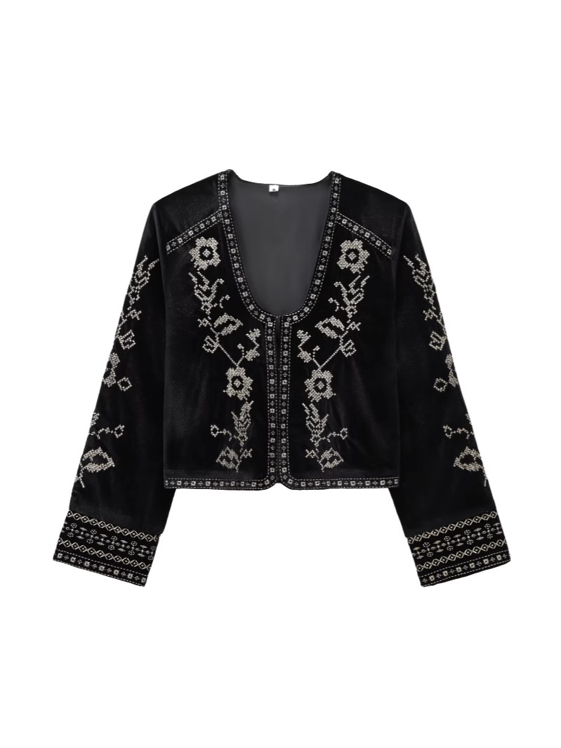 Zatrax2024 Women's Autumn and Winter New Fashion Black Beaded Embroidered Velvet Top Jacket Coat