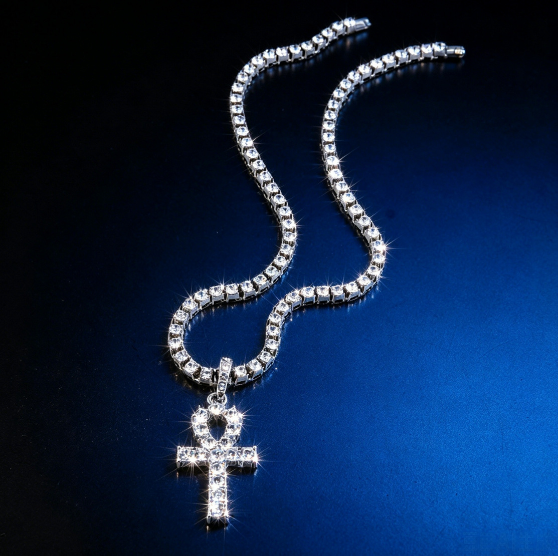 European and American Ins Style Anka Full Diamond Cross Pendant Single Rai Diamond Tennis Chain Personalized Trendy Light Luxury Cuban Chain Necklace