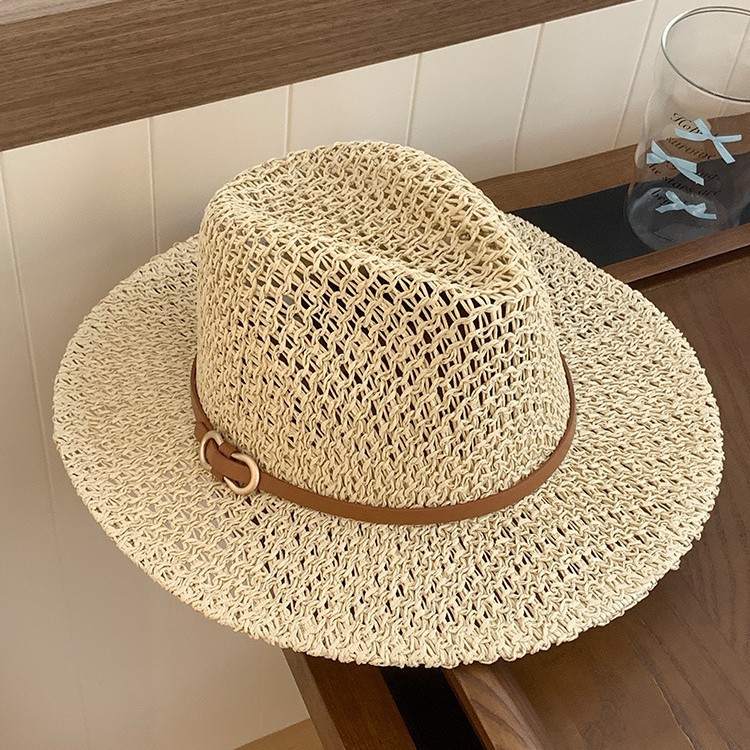 Retro Panama Style Cut Out Flat-Top Straw Hat for Women Summer Seaside Vacation Western Cowboy Hat Sunshade Straw Hat for Men