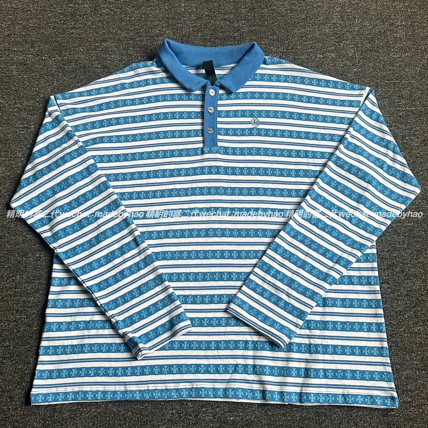 【Ceiling Top 925 Silver Buckle】25Ss Blue Striped Full Embroidery Lambskin Polo Long Sleeve Unisex Style