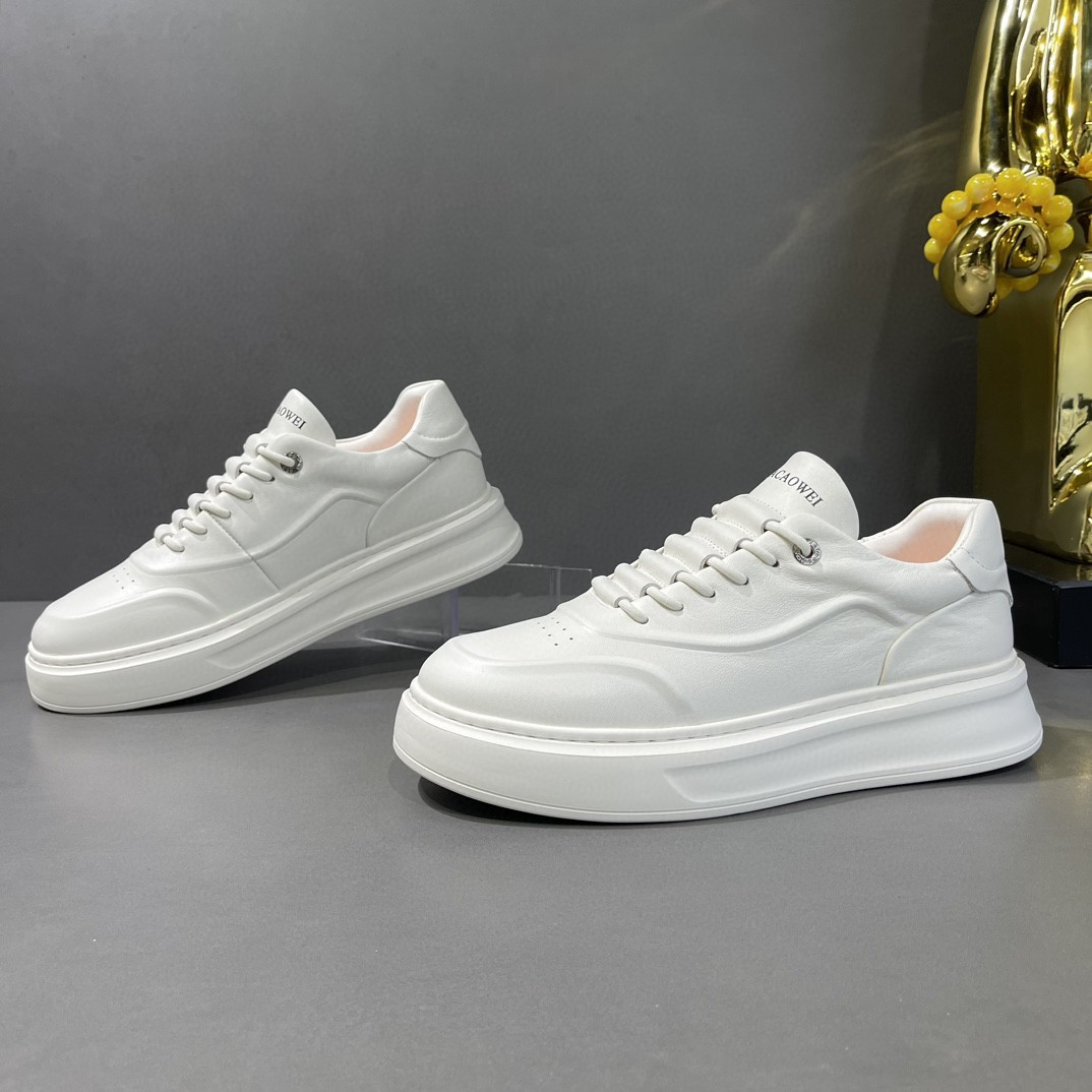 Men's Trendy All-match Slip-on White Shoes Men's Trendy Top Layer Cowhide Thick-soled Sports Shoes Casual Sneakers