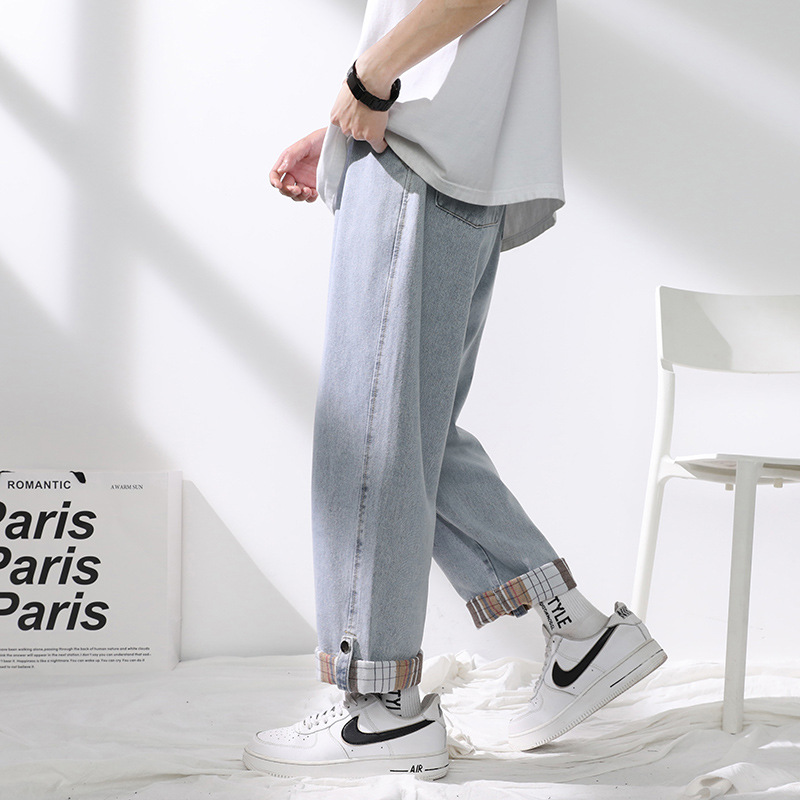High Street Men's Jeans with Rolled Hems 2026 Spring and Autumn Trendy Loose Wide-Leg Pants Student Retro Fashion Casual Pants