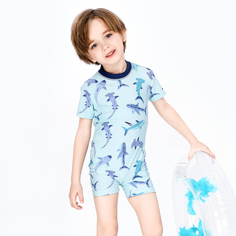 Boys' swimsuit cartoon shark sun protection quick-drying medium-sized baby boys' cute hot spring children's one-piece swimsuit