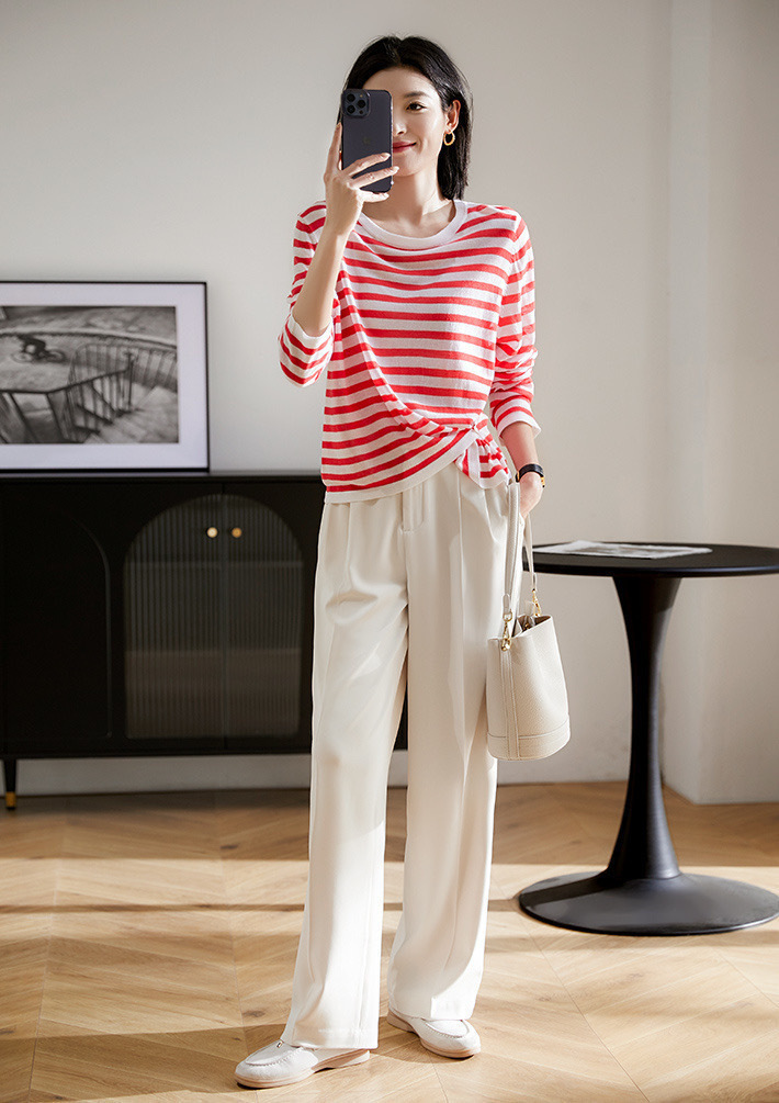 2024 New Striped Knit Sweater for Women, Spring and Autumn Thin Loose Round Neck Long Sleeve T-Shirt Base Top Stylish Inner Wear