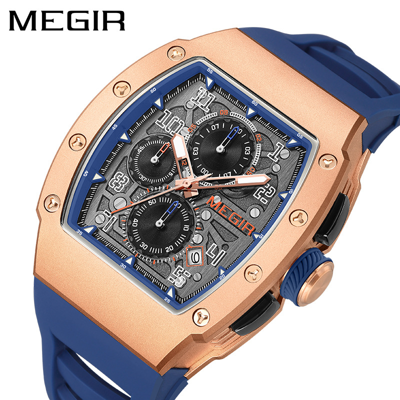 MEGIR new men's sports watch waterproof barrel-shaped 316 stainless steel case Richard 8411