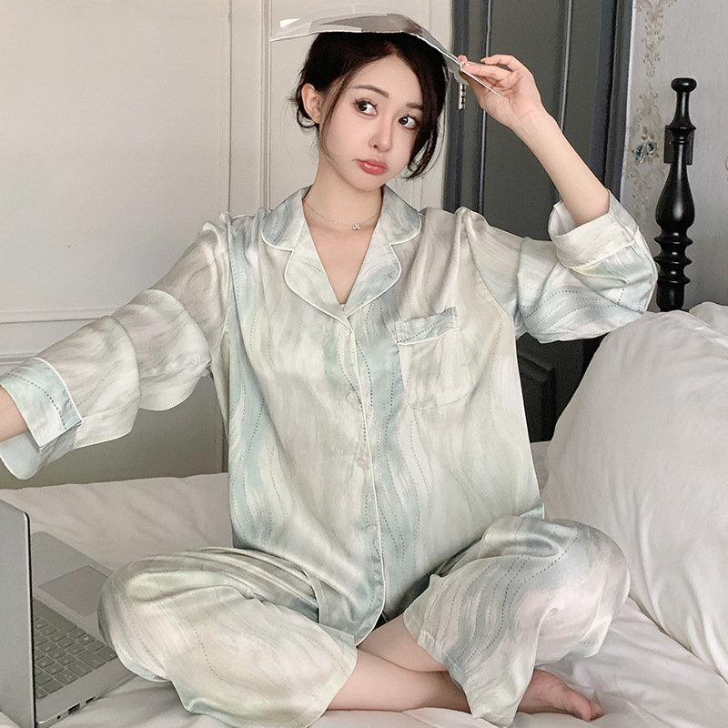 Cross-Border European and American Style Spring Pajamas for Women, Lapel Cardigan, Long-Sleeved Trousers, Casual Loose and Comfortable Home Wear Set for Women