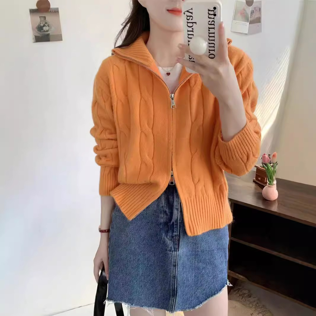 Double Zipper Twist All-match Knitted Cardigan Sweater Jacket Women's New Loose Design Chic Lazy Style Top