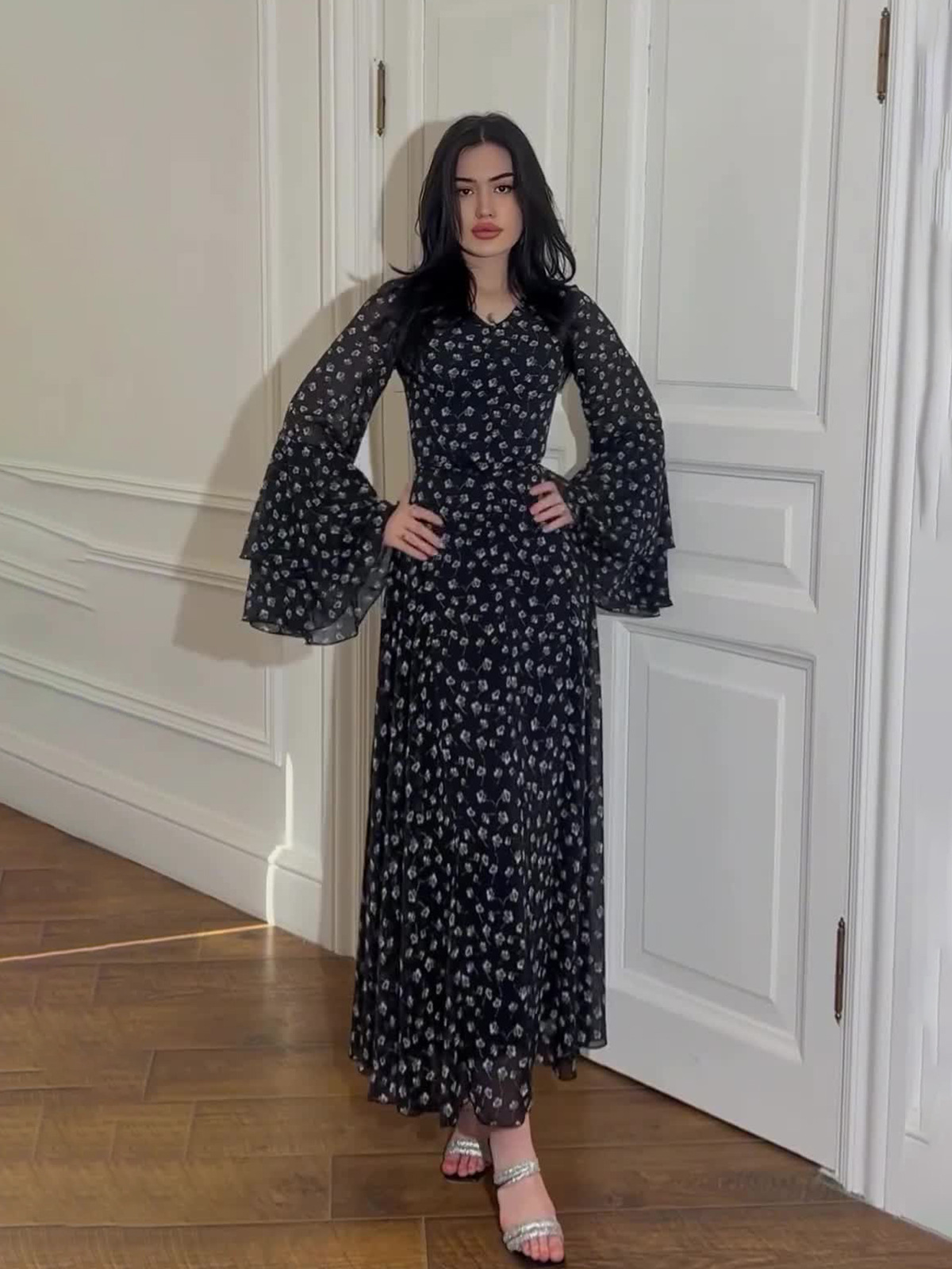 Amazon European and American 2026 Spring New Chiffon Printed Ruffle Sleeve Elegant Long Asymmetrical Patchwork Dress