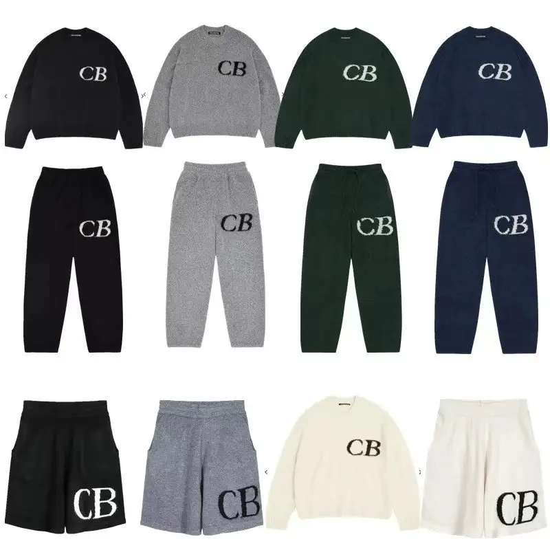 美式潮牌CB极简字母提花圆领宽松毛衣高街男女针织帽衫毛线长裤