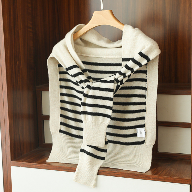 Spring and Autumn Cashmere Striped Knitted Shawl Outer Knot Scarf Shoulder Wool Cloak Thin Women's High-end Summer Fashion
