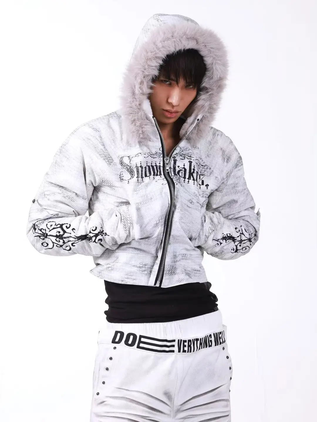 Detw 25Aw* Knight Series Regular Shoulder Visual Washed Distressed Mountain Carving Fur Collar Thickened Hooded Sweatshirt Jacket