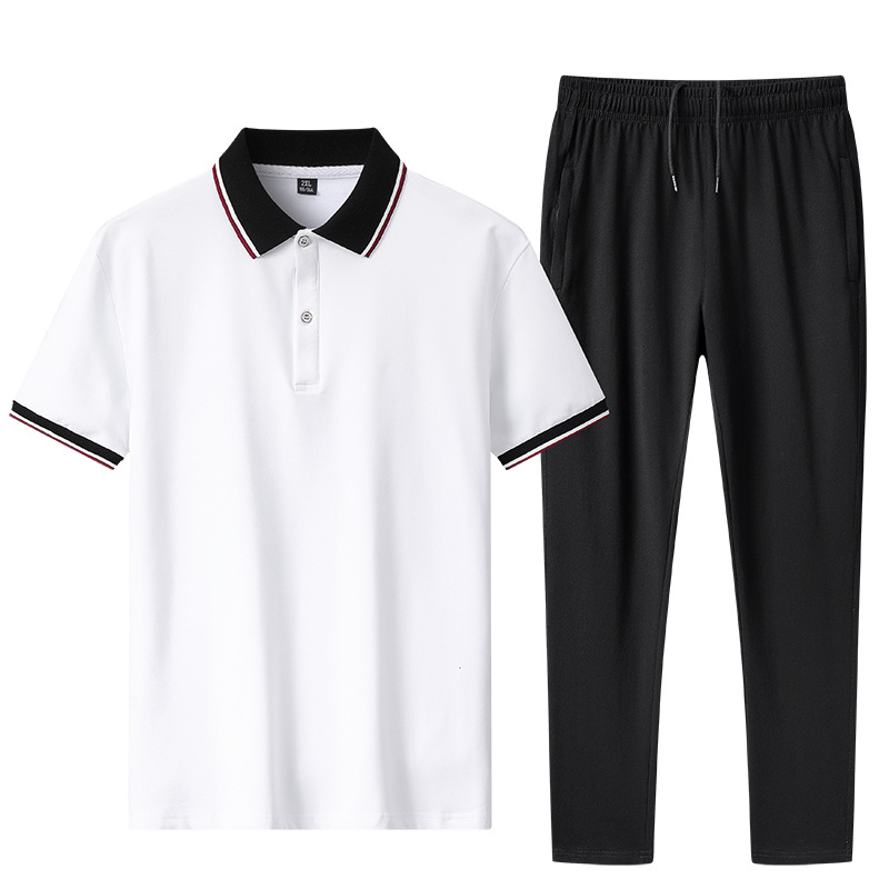 Summer Men's Short-Sleeved Suit, Casual Sports Style Business Suit, Men's Long Pants, Lapel Polo Shirt, Fashionable and Trendy