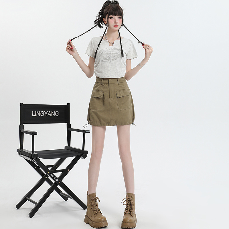 American Style Hot Girl Workwear Skirt Women's Spring Short Skirt High Waist Slimming A- Line Half Drawstring Hip Skirt Women's Spring and Summer