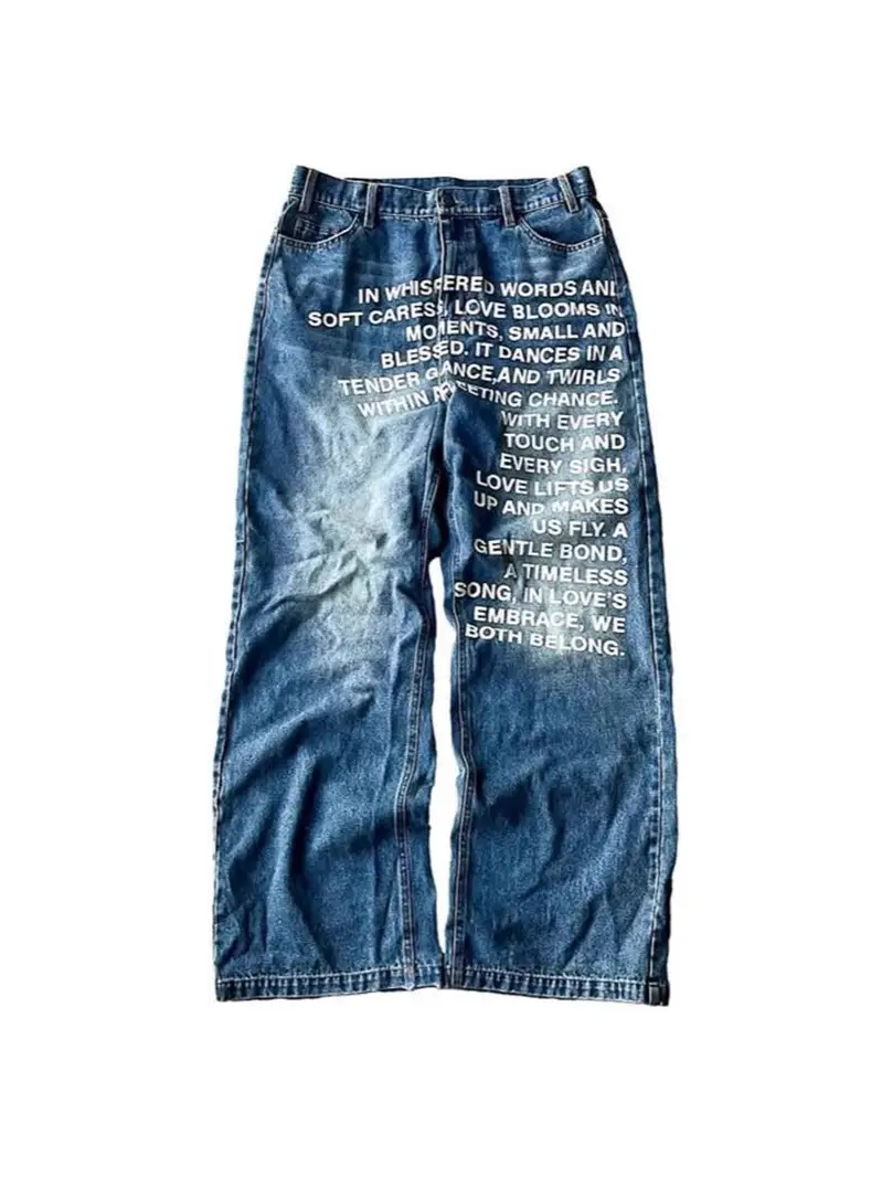 美式复古水洗做旧牛仔裤男宽松直筒街头ins风高街字母休闲jeans潮