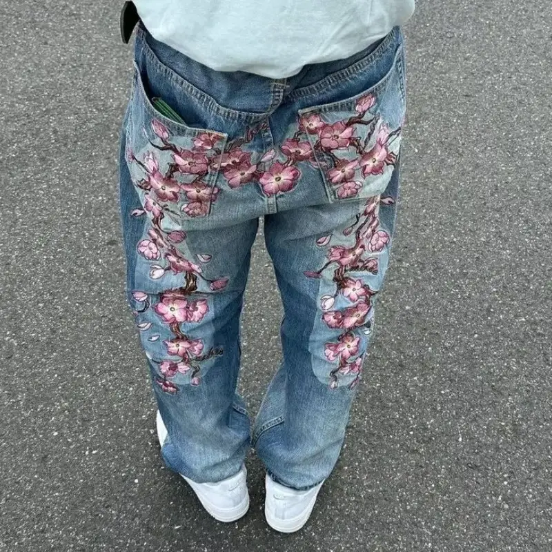 跨境欧美外贸亚马逊ins风刺绣牛仔裤女大码高腰宽松阔腿直筒裤女