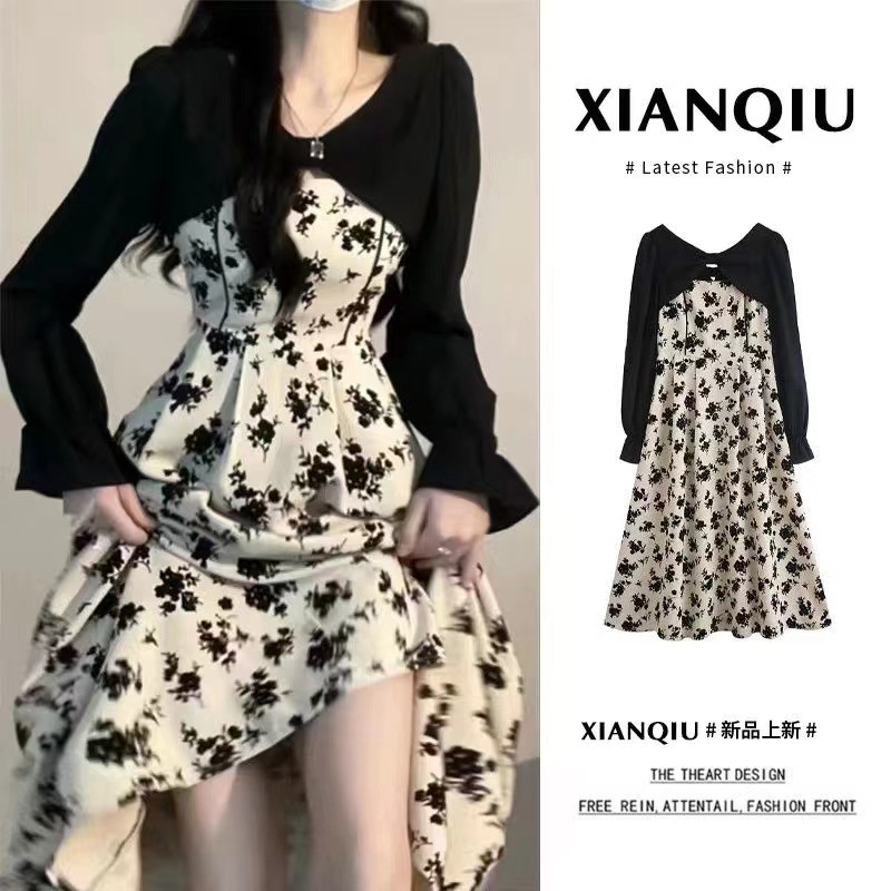 2025 Autumn Pure Desire Long Sleeve Two-Piece Floral Suspender Dress Women's New French Hepburn Style Long Skirt