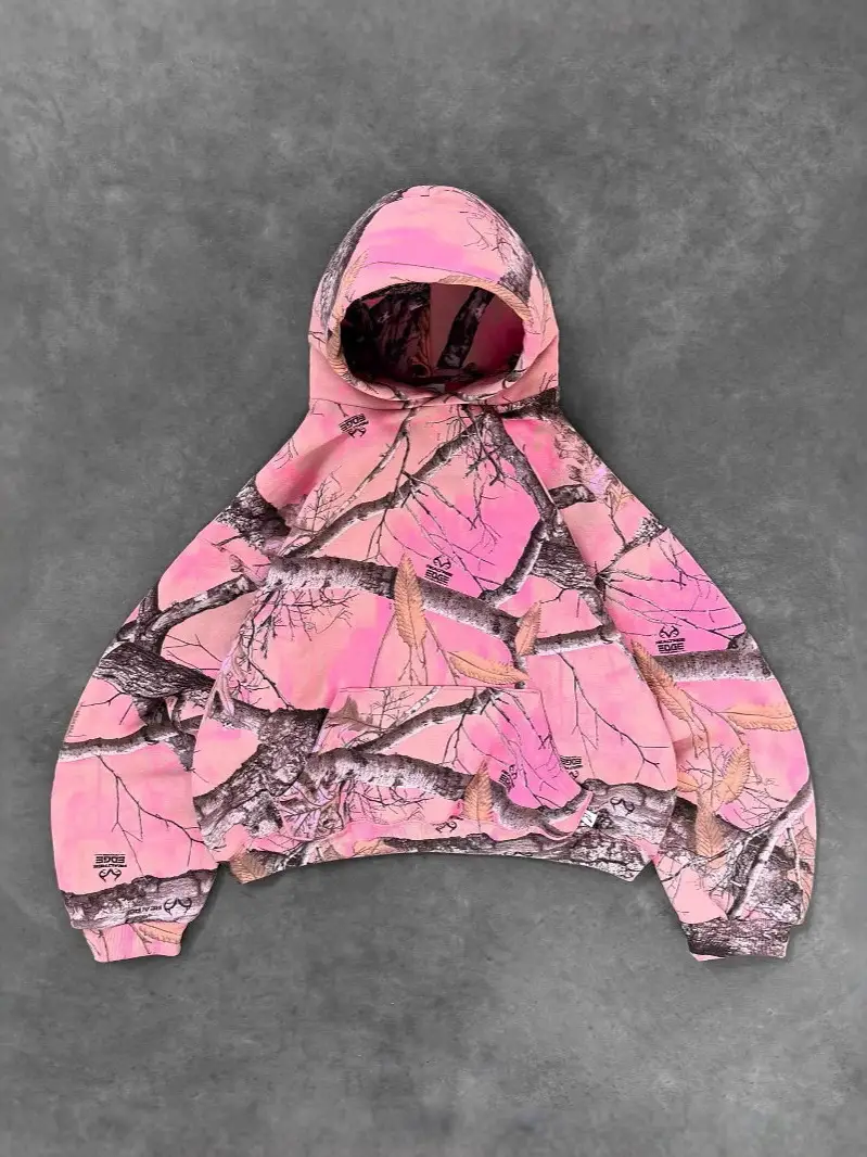 European and American Style Street Graffiti Camouflage Hooded Sweatshirt Suit for Men and Women Loose ins Trendy Branch Print Jacket