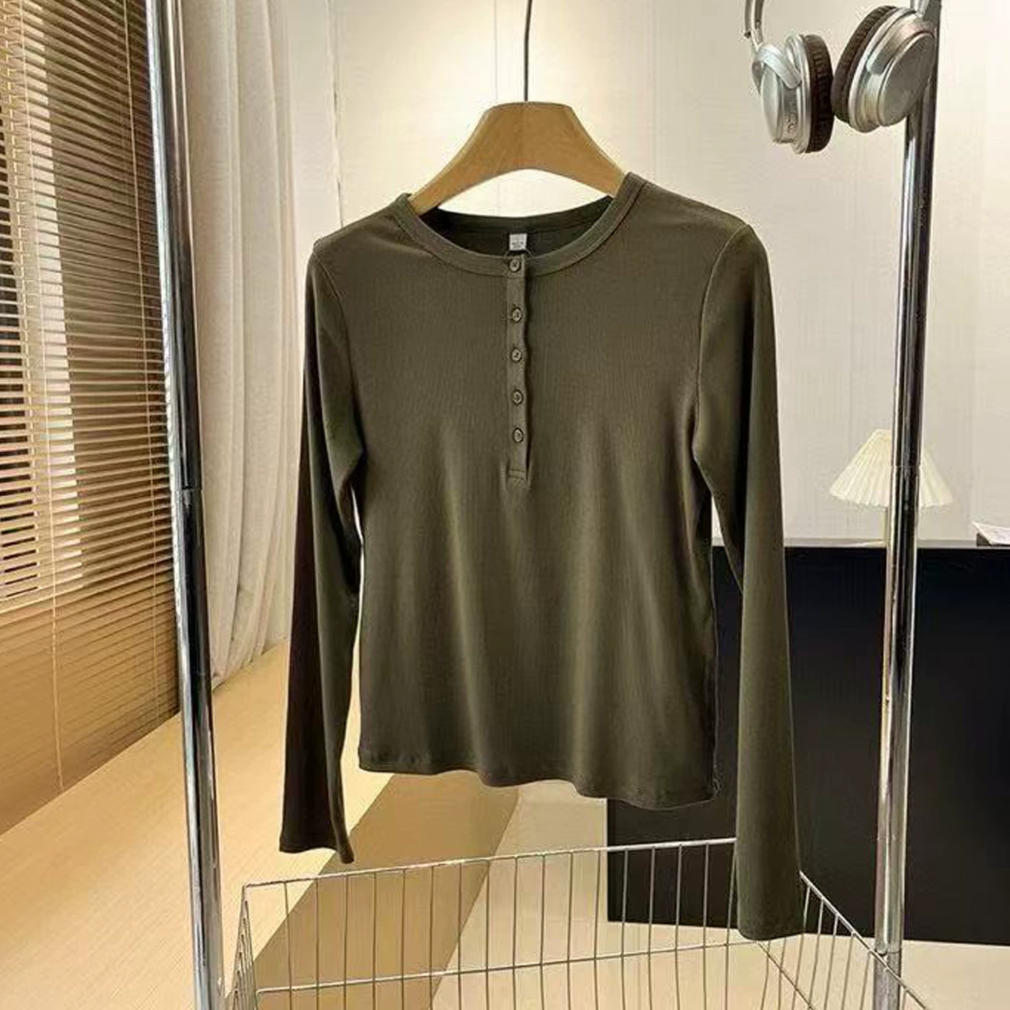 Women's Ribbed Henley Collar T-Shirt/Long-Sleeve Base Layer 25 New Style Solid Color Casual Slim Fit Top E479591