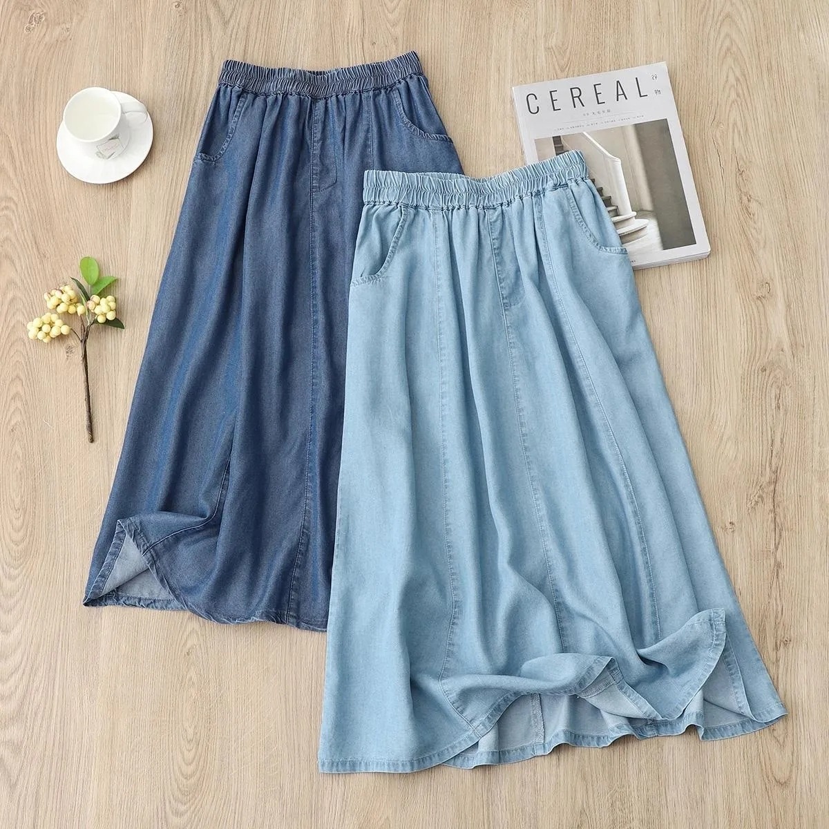 Tencel Denim Skirt for Women, New Summer Style, Thin Plus-Size Half Skirt, Korean Style, Loose Fit, Slimming, High-Waisted, Elastic Waistband Skirt