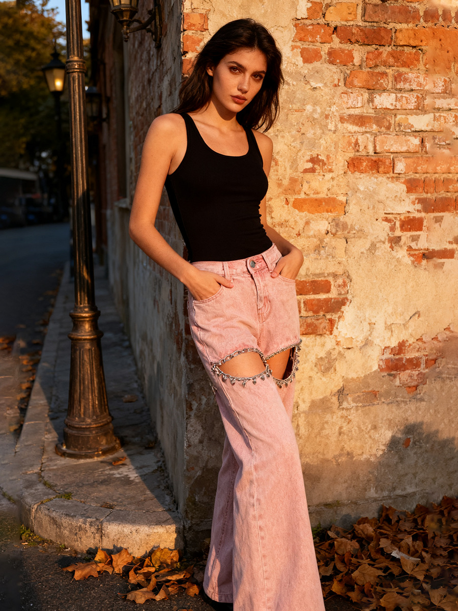 Unique Designer Rhinestone-Embellished Wide-Leg Women's Pants 2026 Spring New Fashion High-Waisted Straight-Leg Flared Jeans for Women