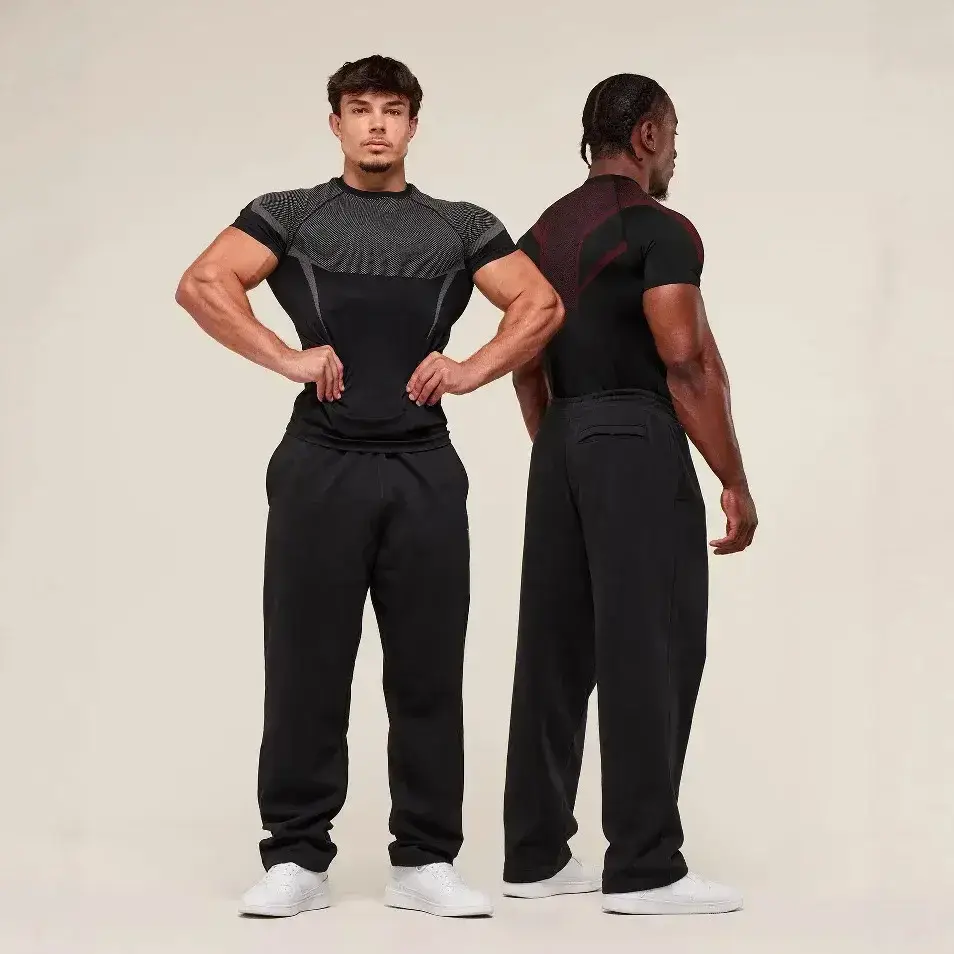 Cross-border Muscle Fitness Sports T-shirt Men's GYM Running Training Suit Elastic Quick-drying Crewneck Breathable Top