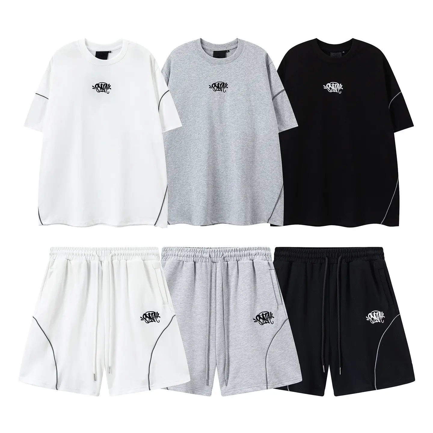 Syna Trendy Reflective Stripe Embroidered Logo Unisex Short-Sleeve T-Shirt Summer Loose Sports Casual Shorts Set Ins