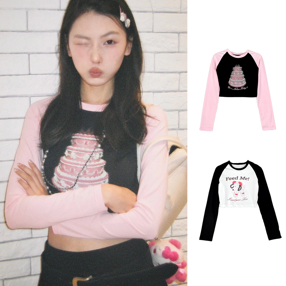 [Clearout No Returns/Exchanges] Co-Branded Original Cartoon Cake Millennium Retro Print Slim Raglan Sleeve T-Shirt for Women