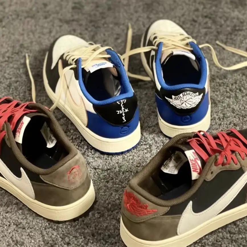 【现货福利特价】Travis Scott x AJ1联名款倒钩 白蓝+深棕 头层皮 潮流低帮 休闲运动鞋