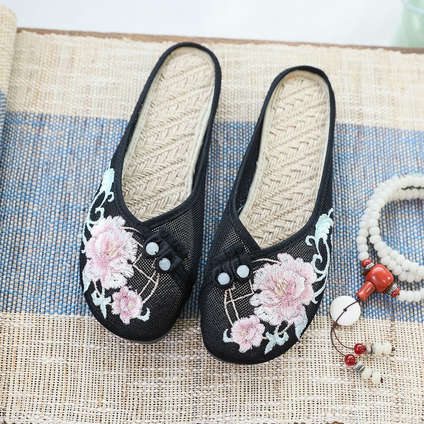 Mesh Shoes Full Mesh Linen Insole Embroidered Slippers Flat Slippers 2022 Women's Shoes Sandals