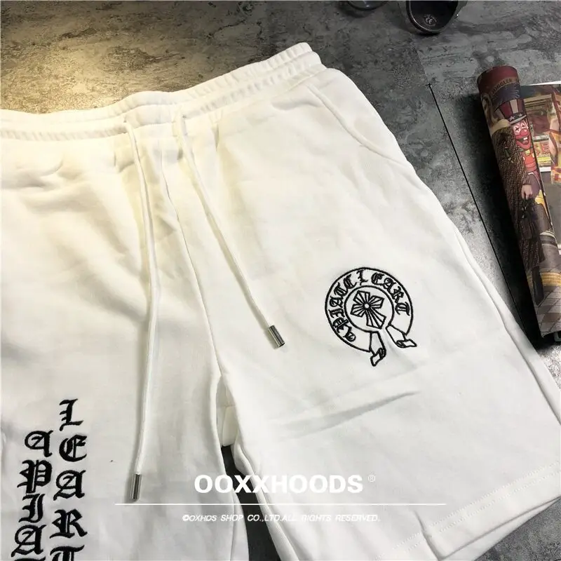 Summer Black and White Embroidered Floral Horseshoe Cross Rune Elastic Workwear Shorts for Men and Women