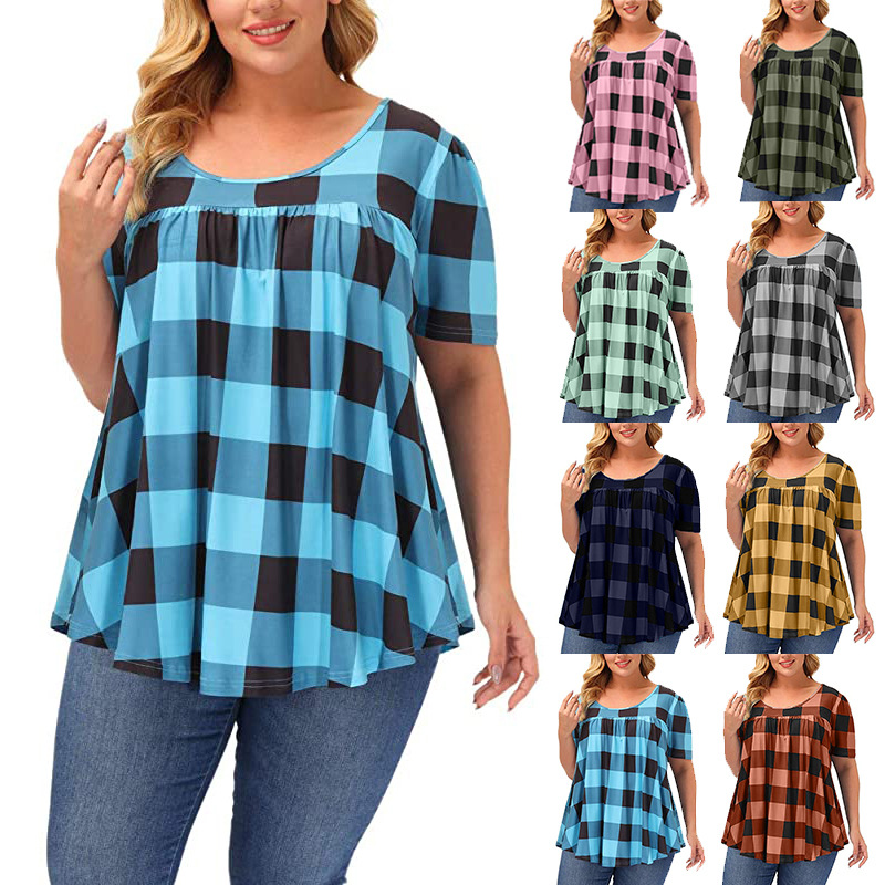 Summer 2024 Cross-border Amazon European and American Plaid Printed Crewneck Loosen Milk Silk Large Size Top Women's Wear