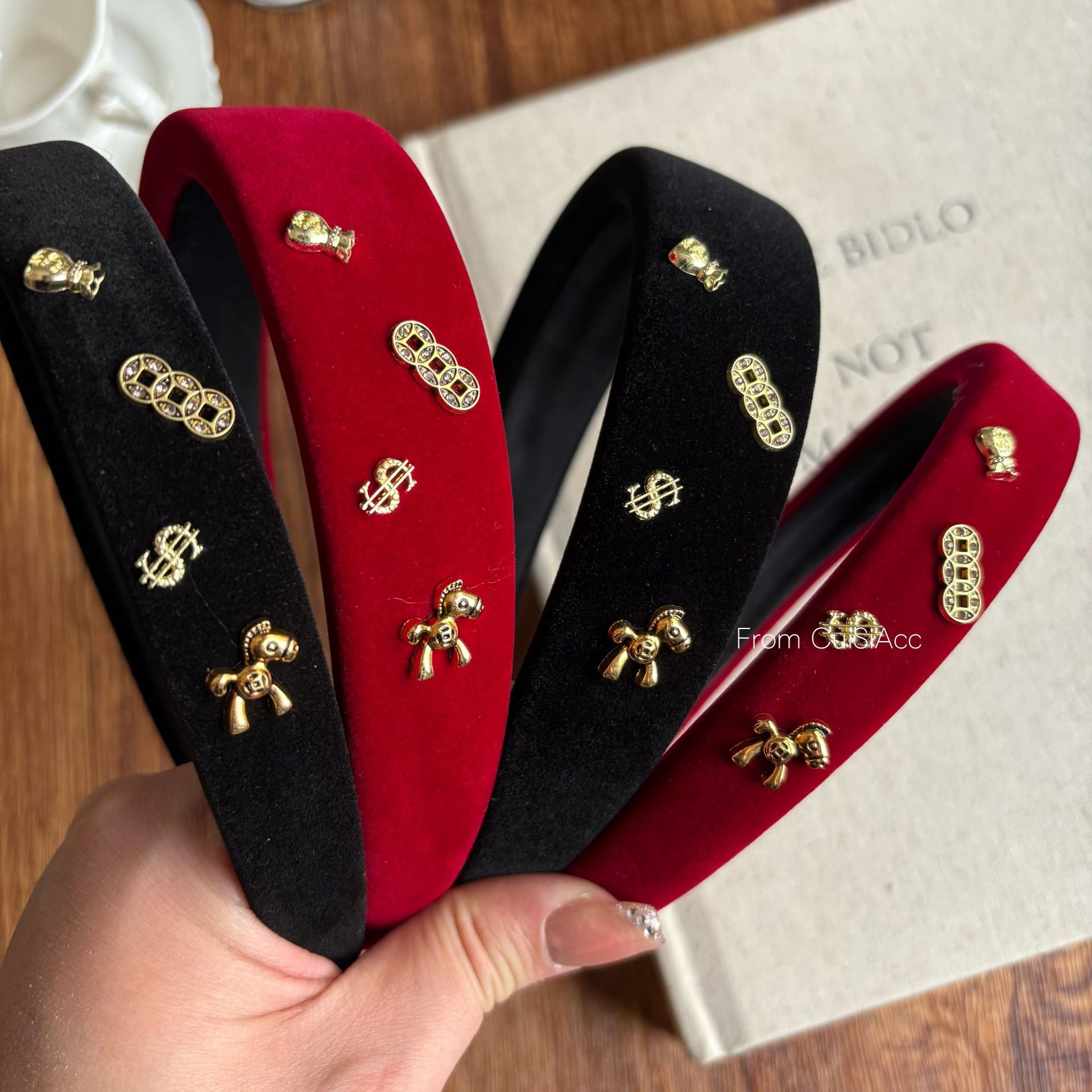 Get Rich Soon! New Year Red Pony Gold Coin Velvet Headband with a High-End Feel, High Crown Design, and Skin-Brightening Effect, Hair Accessory for Women