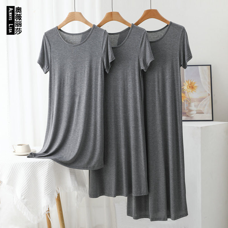 Modal short sleeve dress women's summer thin loose underskirt plus size outer wear round neck bottoming skirt home casual dress
