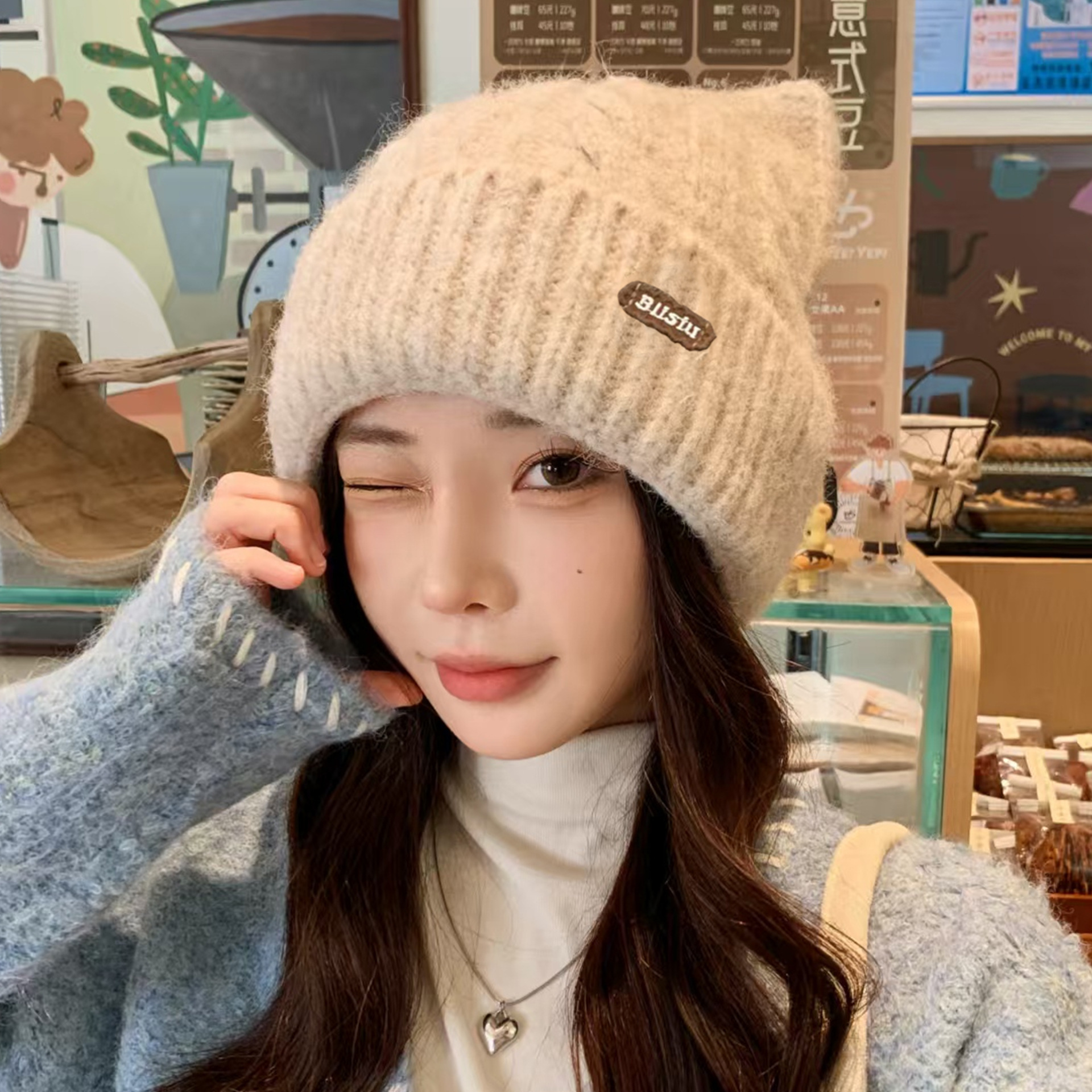 Plush Japanese-Style Children's Knitted Hat with Cat Ears, Sweet and Cute, Autumn and Winter Ear Protection Warm Hat