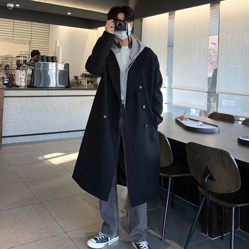 Korean Style Wear Black Woolen Coat Men's Autumn and Winter Fashion Brand Mid-length British Style Coat High-grade Woolen Coat
