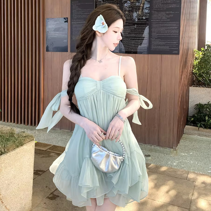 2026 Summer French-Style Camisole Dress with Lining, Heavy-Duty Bowknot, Ruffled Fairy Dress, Beach Wear, Slimming Short Dress
